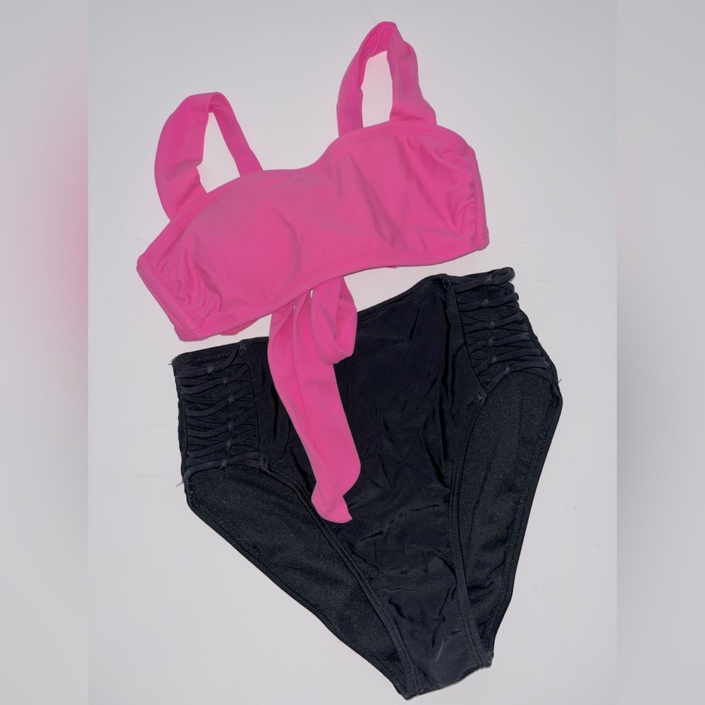 Xhilaration Bikini Tie Back Top Hot Pink + High Waist bottom Black XS EUC